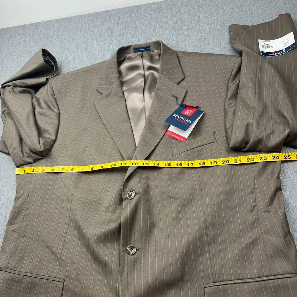 Stafford Performance Classic Fit Worsted‎ Wool Blazer Mens 48R Taupe Striped NEW